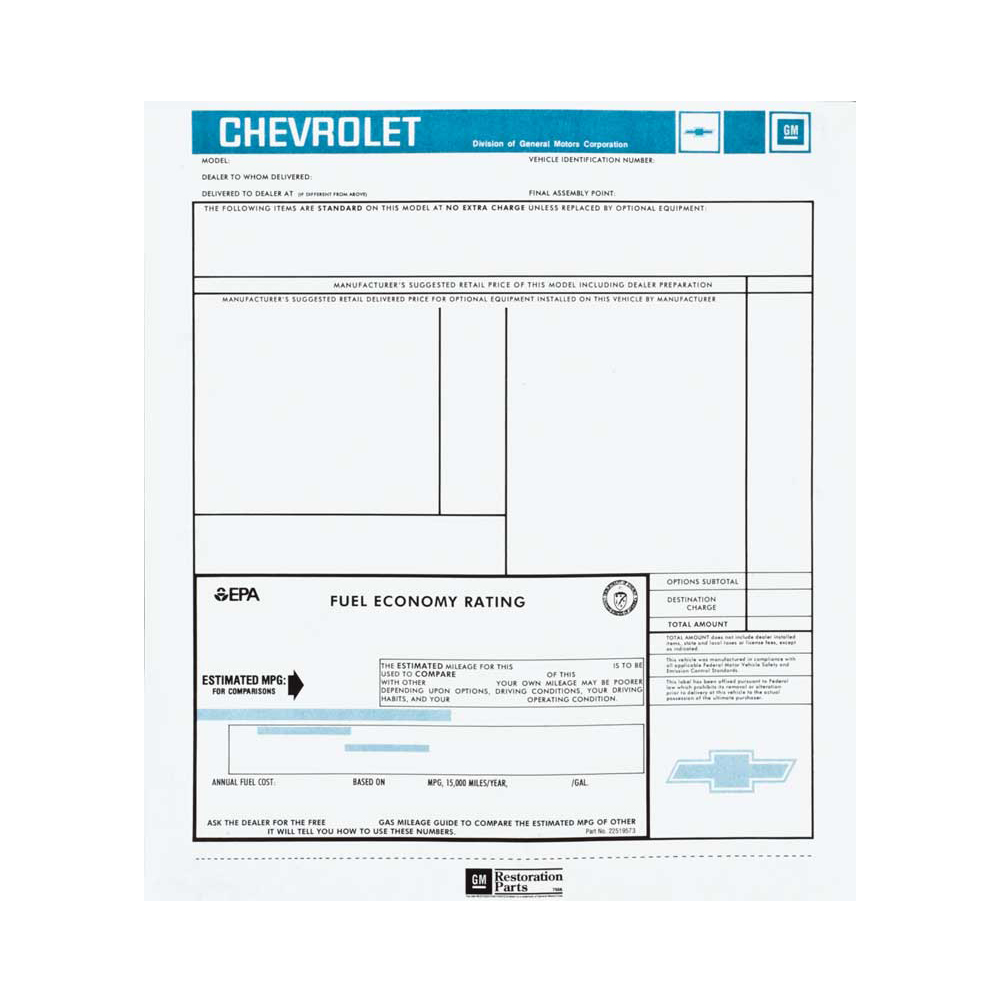 1984 Chevrolet El Camino NEW VEHICLE RETAIL WINDOW PRICE STICKER (DC1274) | DC2507C