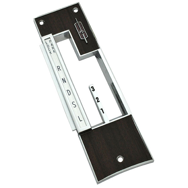 1971 Oldsmobile Cutlass/442/F85 AUTOMATIC DUALGATE TOP PLATE FOR HURST SHIFTER (COMPLETE) COMES PREASSEMBLED; INCLUDES TOP PLATE, INDICATOR LENS, EMBLEM AND THE CORRECT WALNUT WOOD INSERT | CP1594T