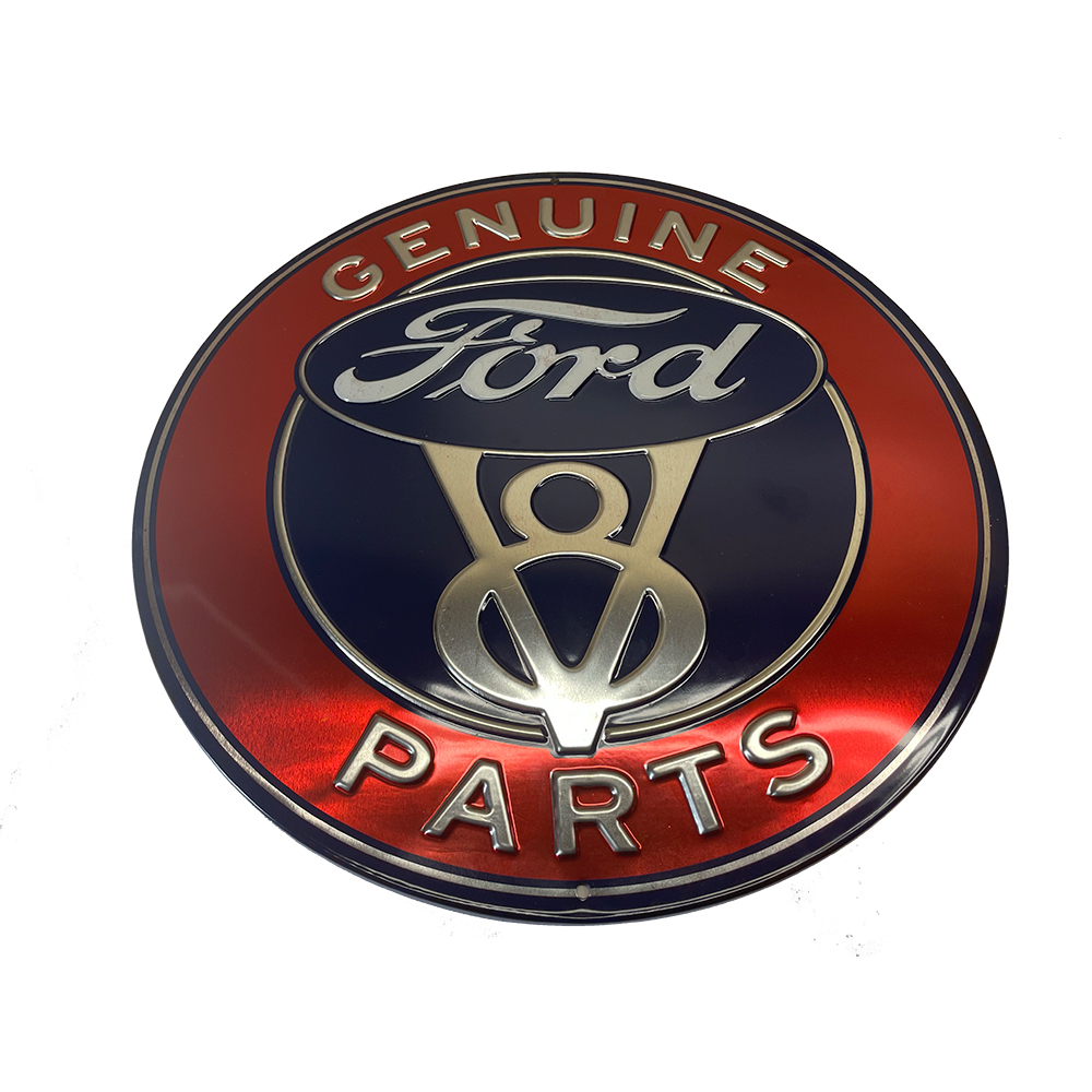 Genuine Ford v8 parts round blue red white embossed tin sign. Diameter: 12