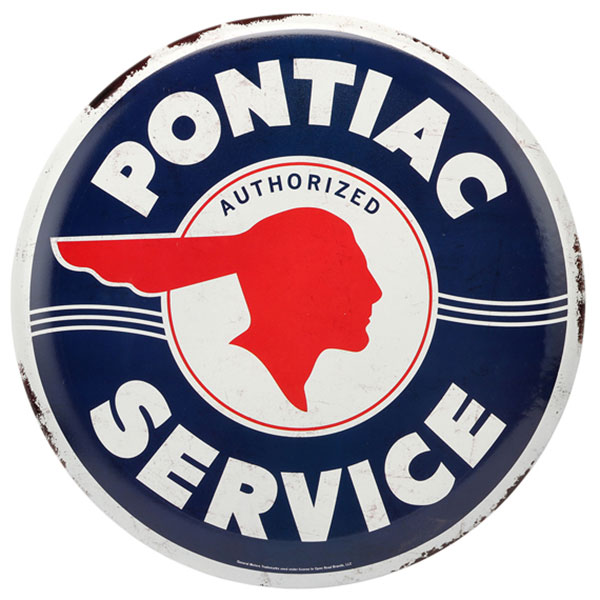 Pontiac Service Botton Round Red White Blue Embossed Tin Sign 14